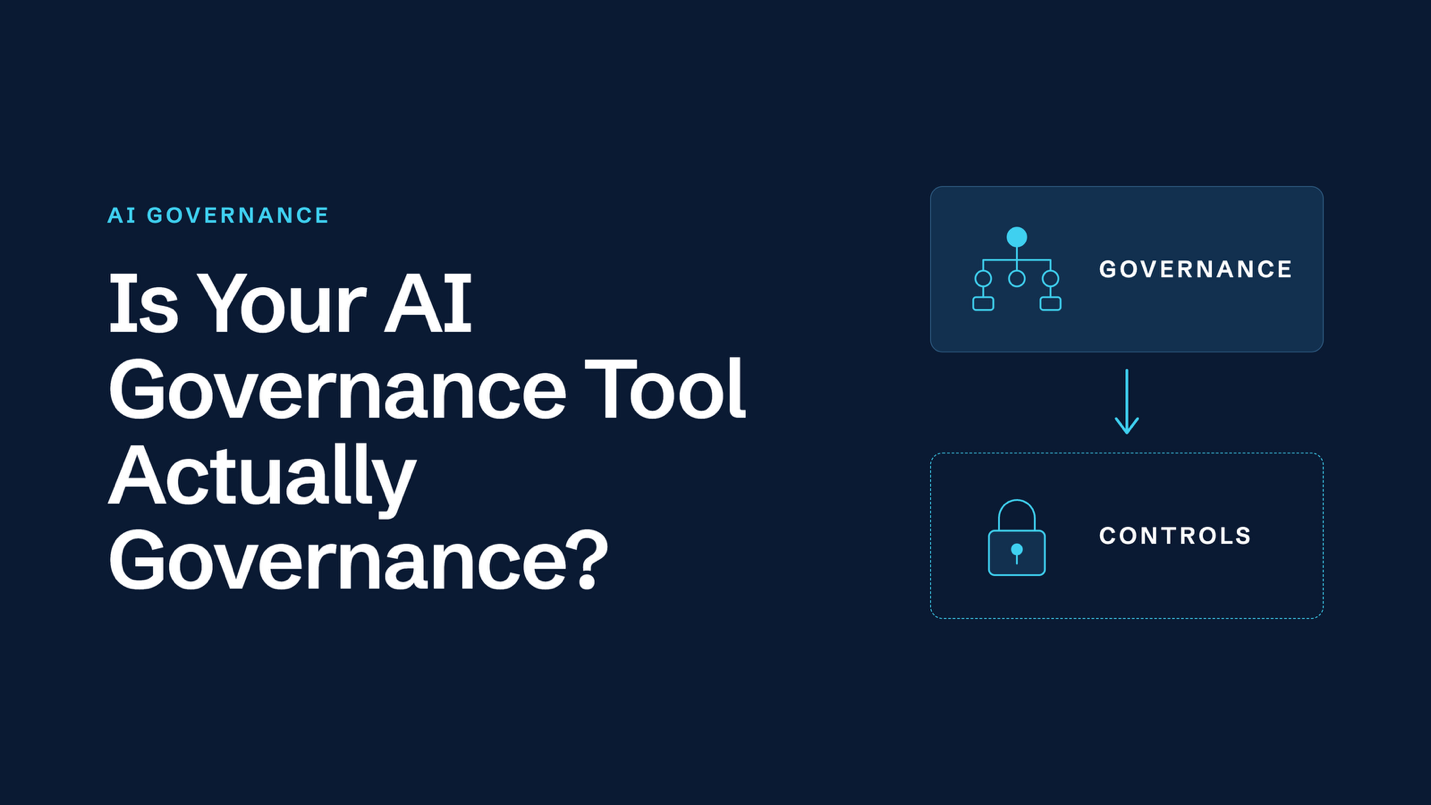 Title card: Is your AI governance tool actually governance? Governance sits above controls.